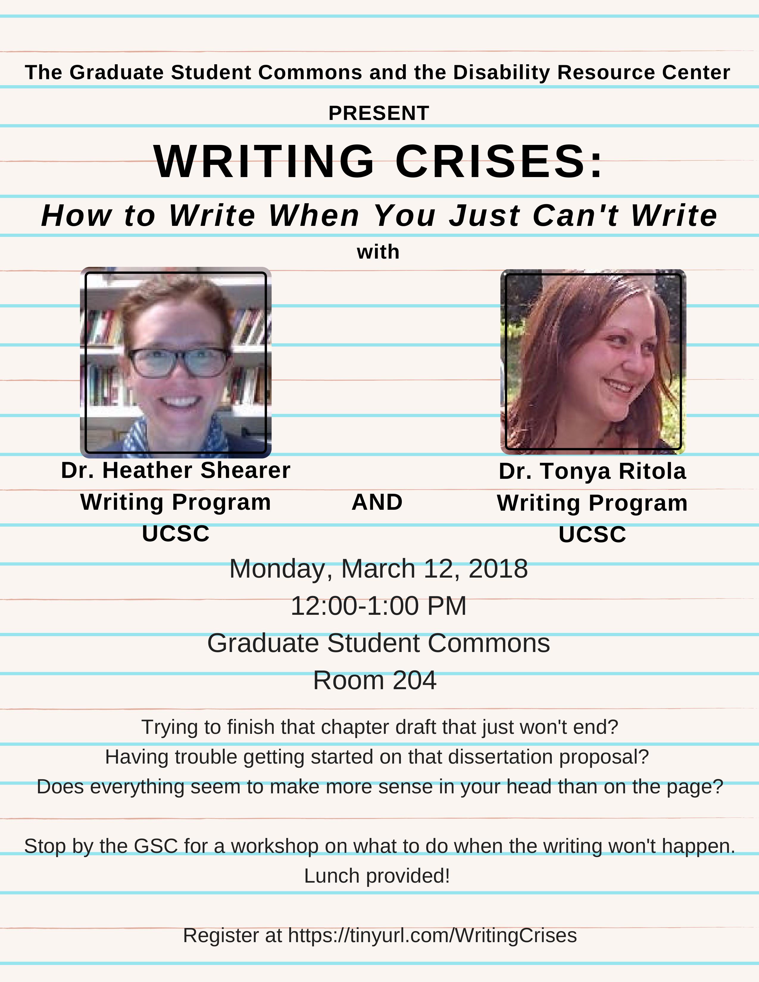 Poster for Writing Crises, showing both Heather and Tonya, is shown.