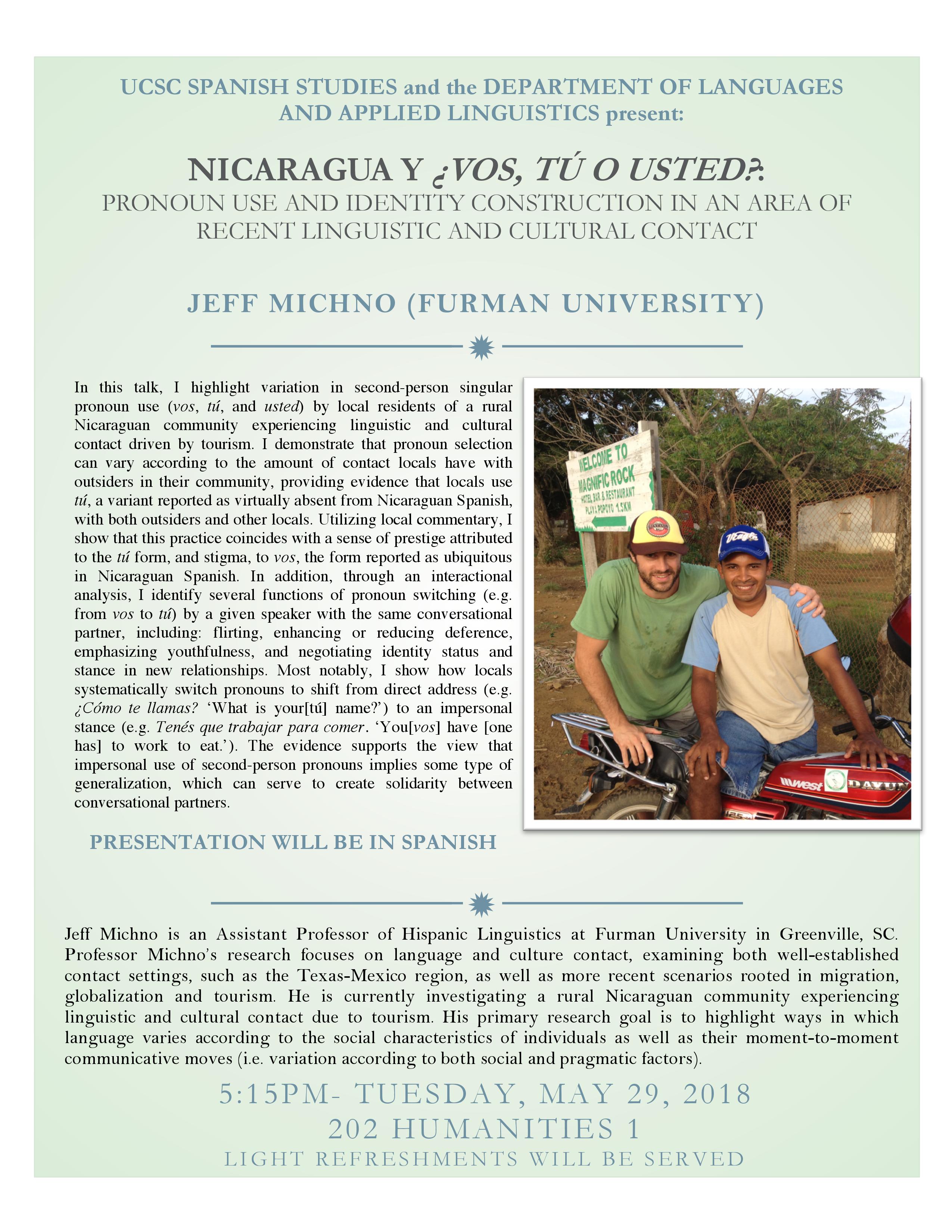 A green flyer with text is shown. One image, on the right, shows two men and a motorcycle.