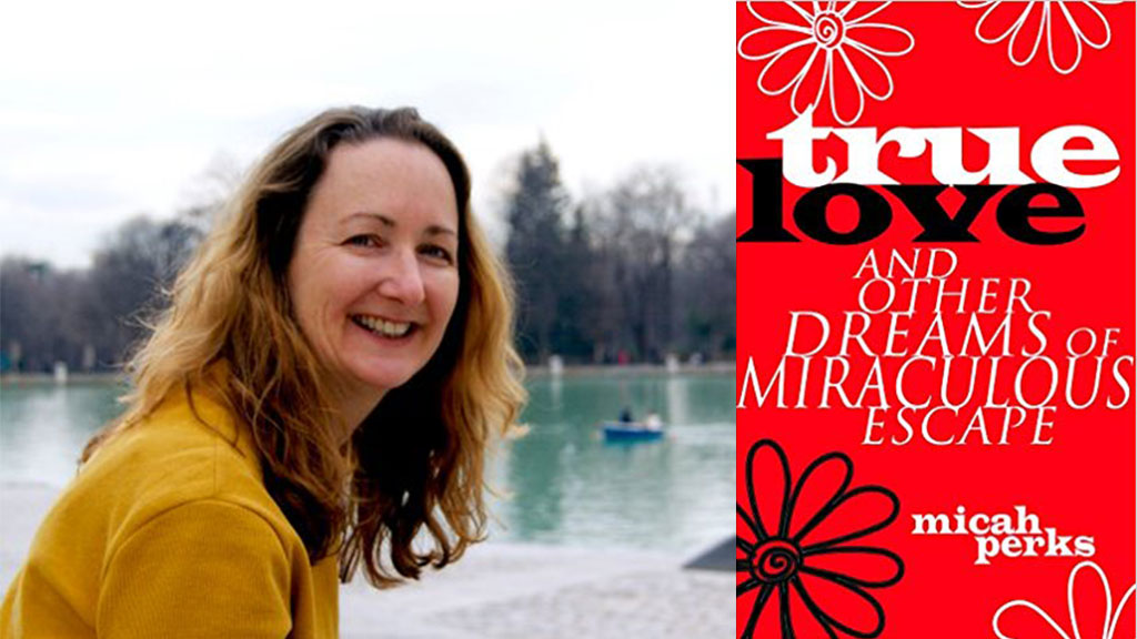 Image of Micah Perks leaning forward and smiling next to the red jacket for her new book