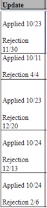 A grid with “update” at the top, and a list of application and rejection dates.