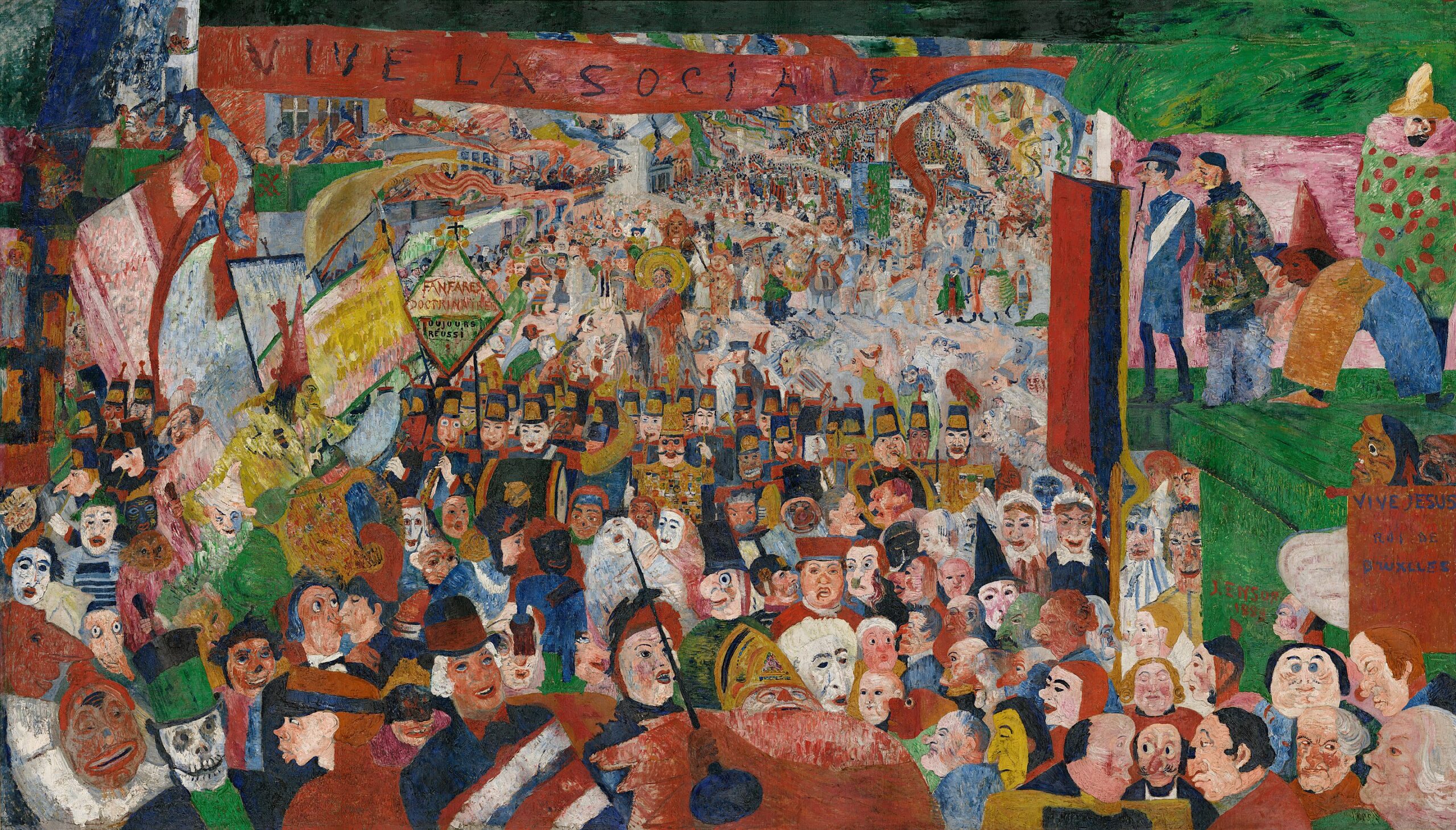 colorful painting featuring a large crowd