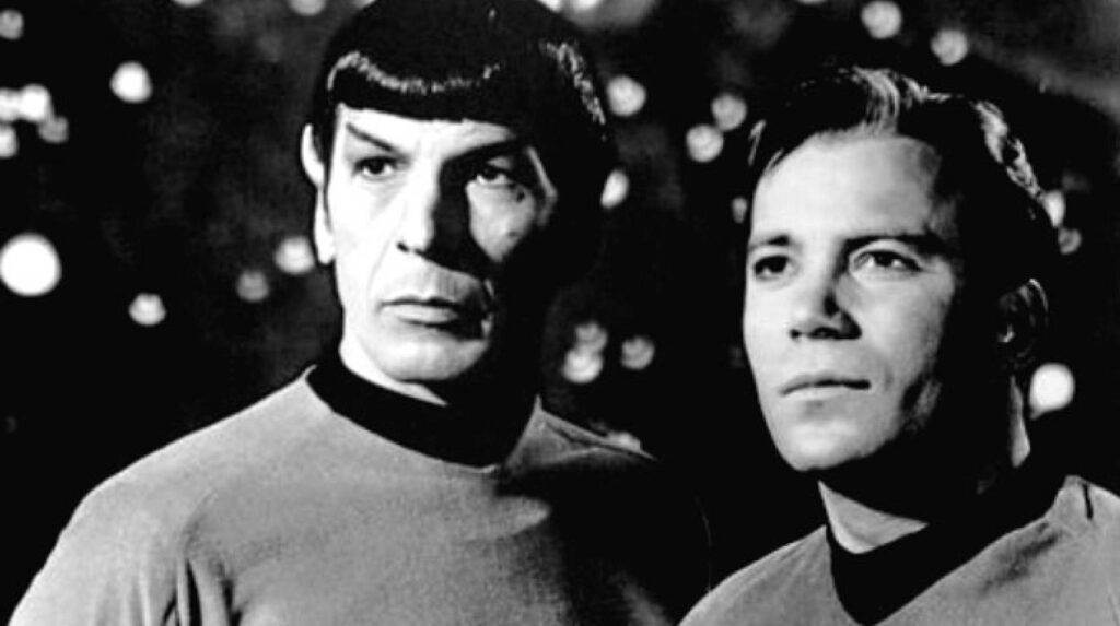 Publicity photo of Leonard Nimoy and William Shatner as Mr. Spock and Captain Kirk from the television program Star Trek.