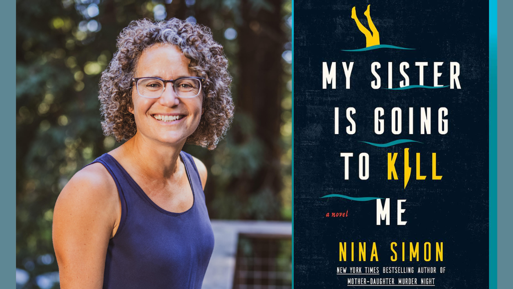 Nina Simon next to an image of her book my sister is going to kill me