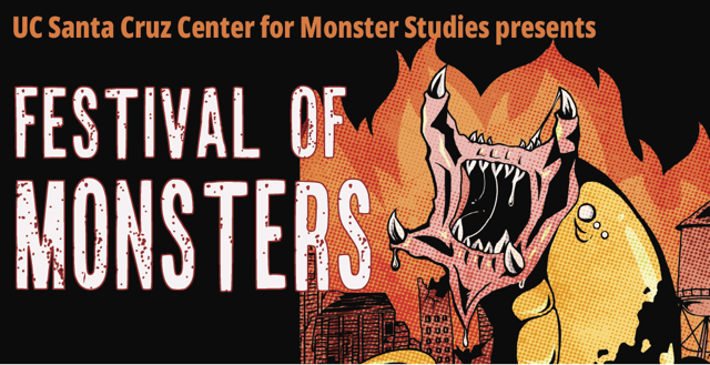 Monster in front of fire and buildings